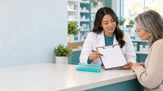 Pharmacist and patient reviewing a medication schedule in a pharmacy consultation area