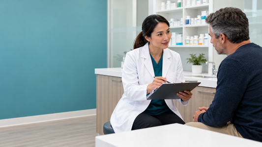 Pharmacist reviewing a minor-ailment consultation with a patient