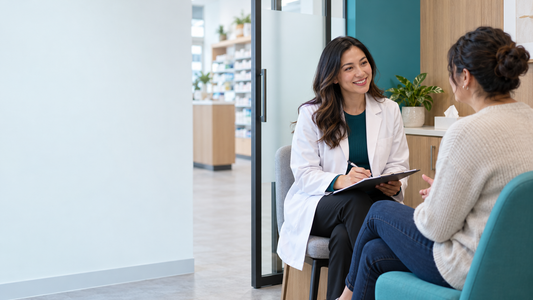 Pharmacist meeting with a patient in a private pharmacy consultation room