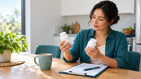 Adult comparing two unbranded supplement bottles beside a checklist