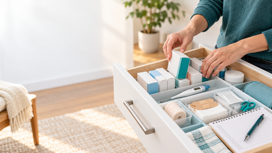 Adult organizing an unbranded home health drawer with a thermometer and first aid supplies