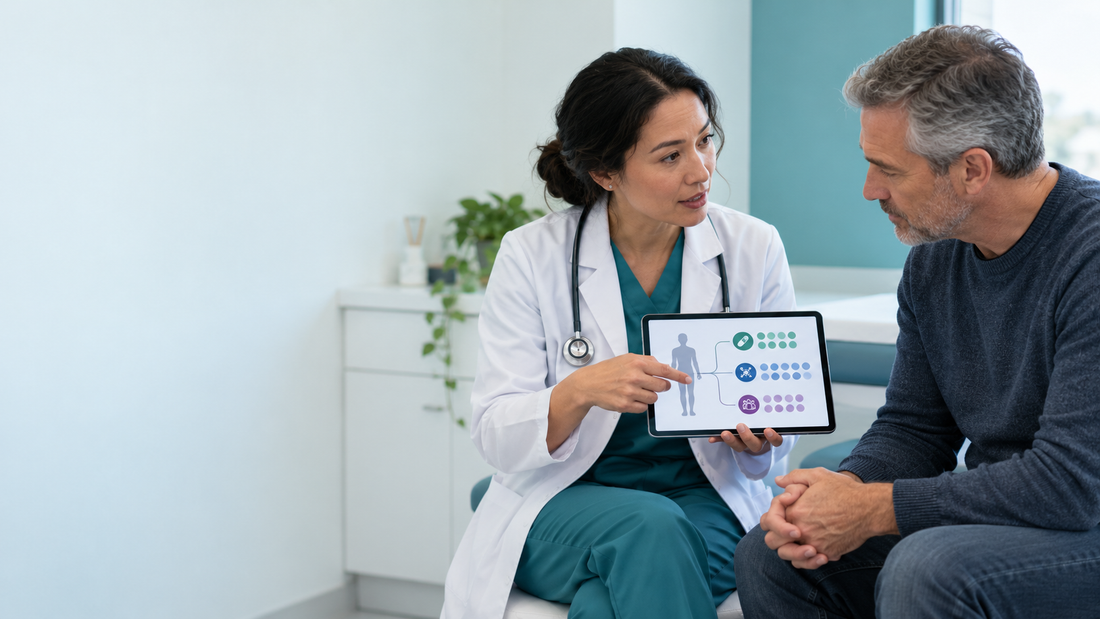 Clinician discussing a personalized medicine diagram with an adult patient