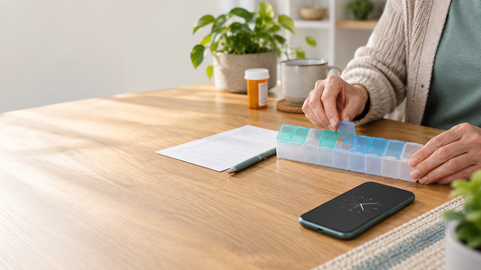 Adult organizing a weekly pill organizer beside a blank medication list and phone reminder