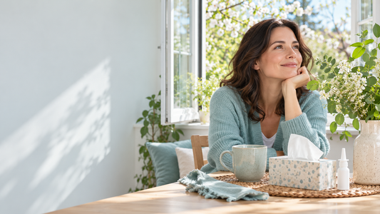 Woman sitting beside an open spring window with tissues and saline spray nearby