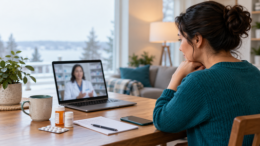 Adult attending a private virtual consultation with a pharmacist from home