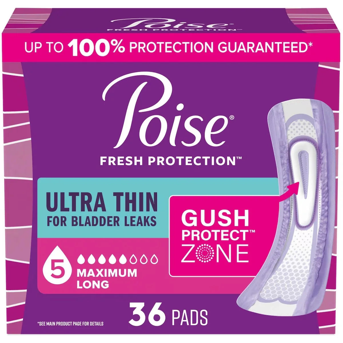 Poise Ultra Thin Incontinence & Postpartum Pads for Bladder Leaks, 5 Drop Maximum Absorbency, Long Length front package