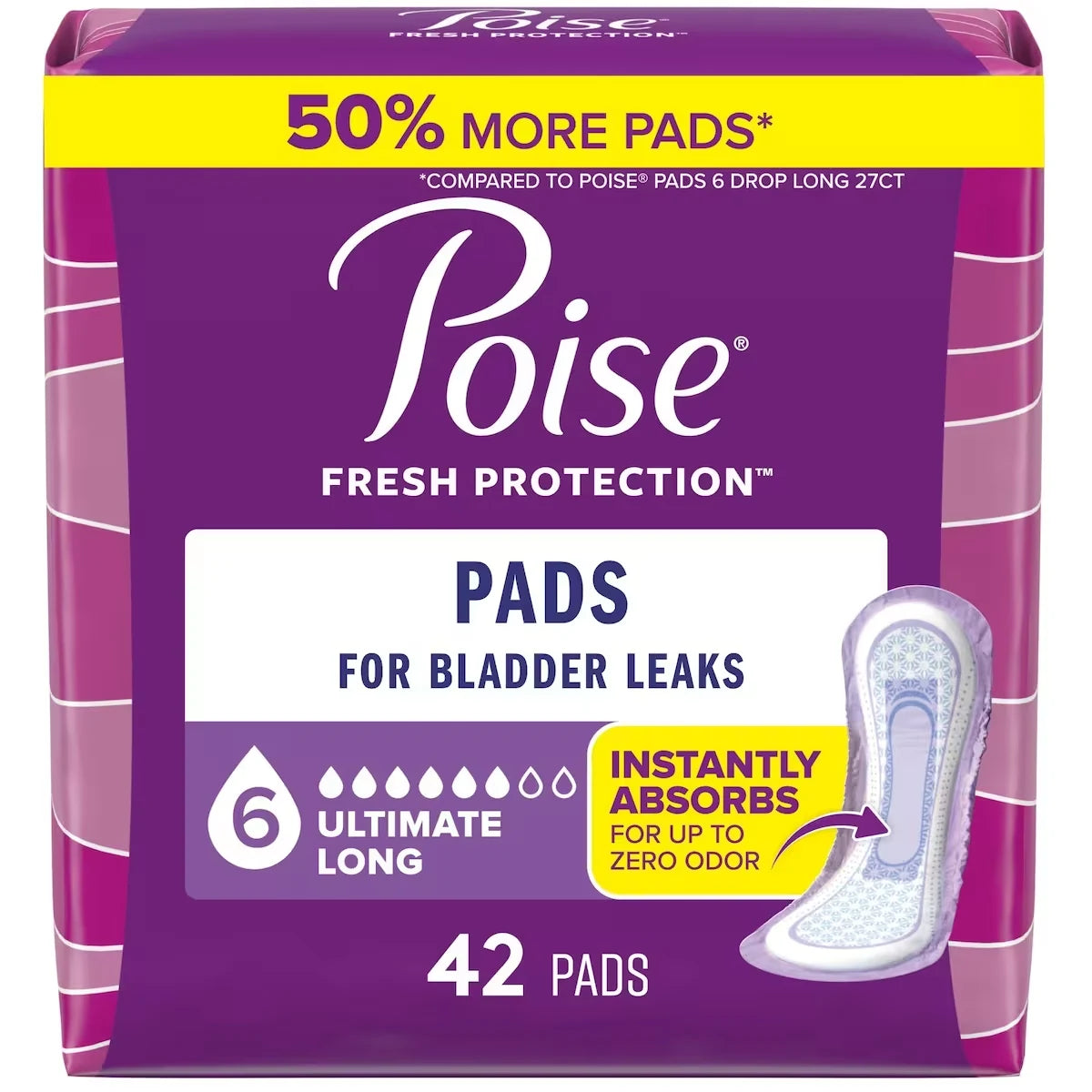 Poise Incontinence Pads & Postpartum Incontinence Pads, 6 Drop Ultimate Absorbency, Long Length front package