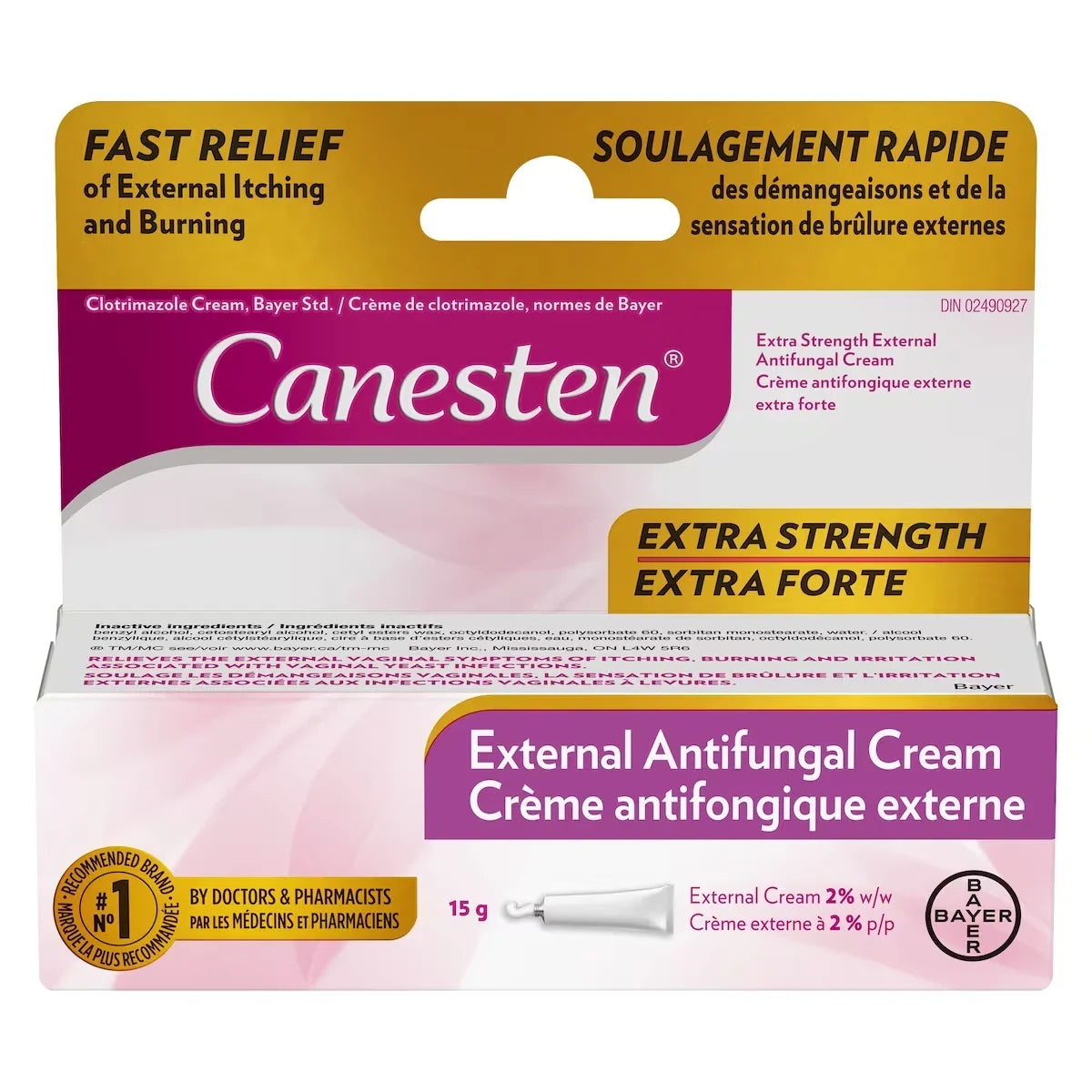 Canesten Extra Strength External Antifungal Cream for Yeast Infection, Relief from Itching and Burning, 15 g product package