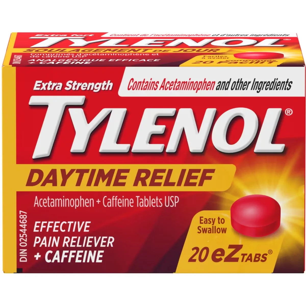 Tylenol Extra Strength Daytime Relief Tablets, 500 mg Acetaminophen + 65 mg Caffeine, Morning Headache & Pain Relief front package