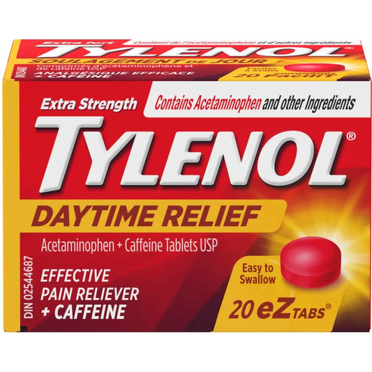Tylenol Extra Strength Daytime Relief Tablets, 500 mg Acetaminophen + 65 mg Caffeine, Morning Headache & Pain Relief front package