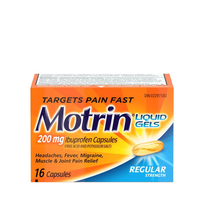 Motrin Regular Strength Pain Reief Ibuprofen 200mg, Liquid Gels front package