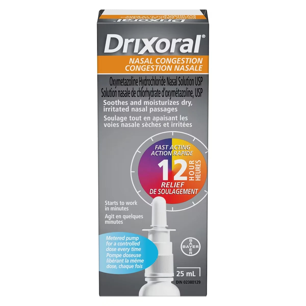 Drixoral Nasal Congestion Spray, Soothes and Moisturizes Dry and Irritated Nasal Passages, 25 mL product package