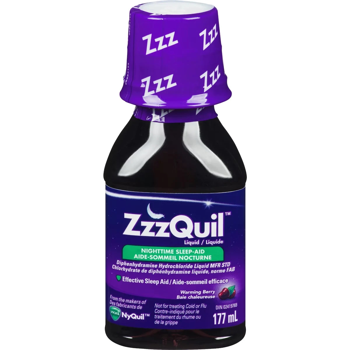 Vicks ZzzQuil Nighttime Sleep Aid Liquid, Warming Berry, 177 mL front package