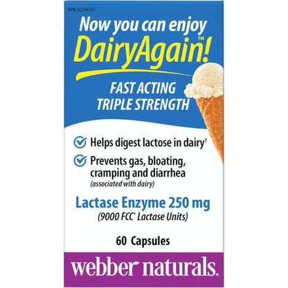 Webber Dairy Again!TM Lactase Enzyme 250 mg front package