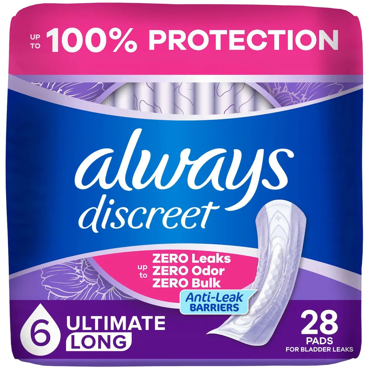 Always Adult Incontinence Pads for Women, Ultimate Absorbency, Long Length, Postpartum Pads, 28 CT 28 count front package