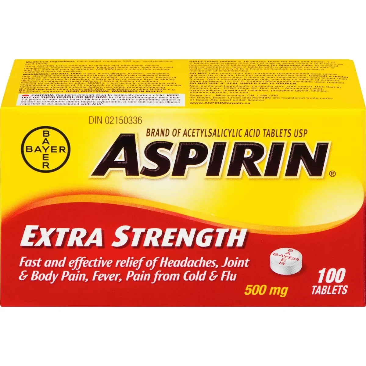 Aspirin Extra Strength 500 mg, 100 Tablets product package