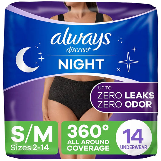 Always Adult Incontinence Overnight Underwear for Women, S/M, Up to 100% Bladder Leak Protection, 14 CT 14 count front package