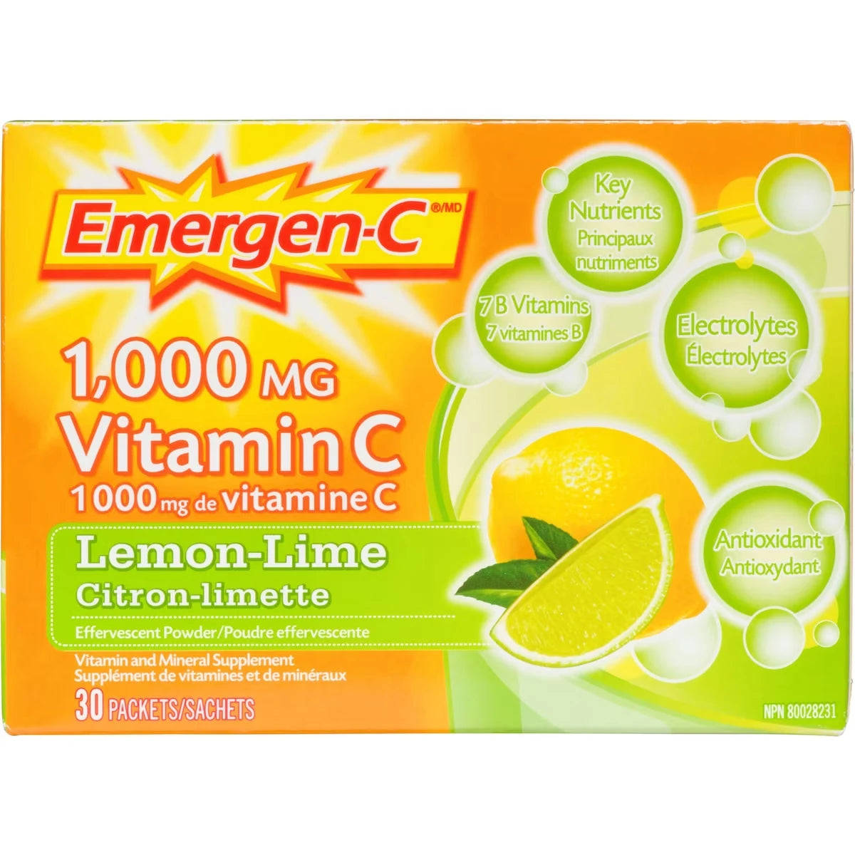 Emergen-C Vitamin C & Mineral Supplement Fizzy Drink Mix, Lemon Lime front package
