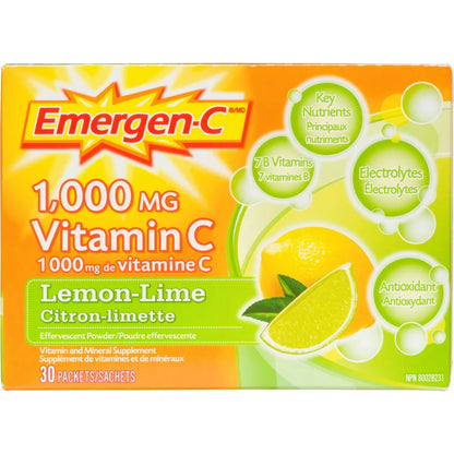 Emergen-C Vitamin C & Mineral Supplement Fizzy Drink Mix, Lemon Lime front package