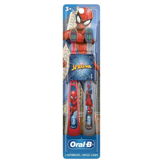 Oral B Kid's Manual Toothbrush featuring Marvel's Spiderman, Soft Bristles, for Children and Toddlers 3+, 2 Count product package