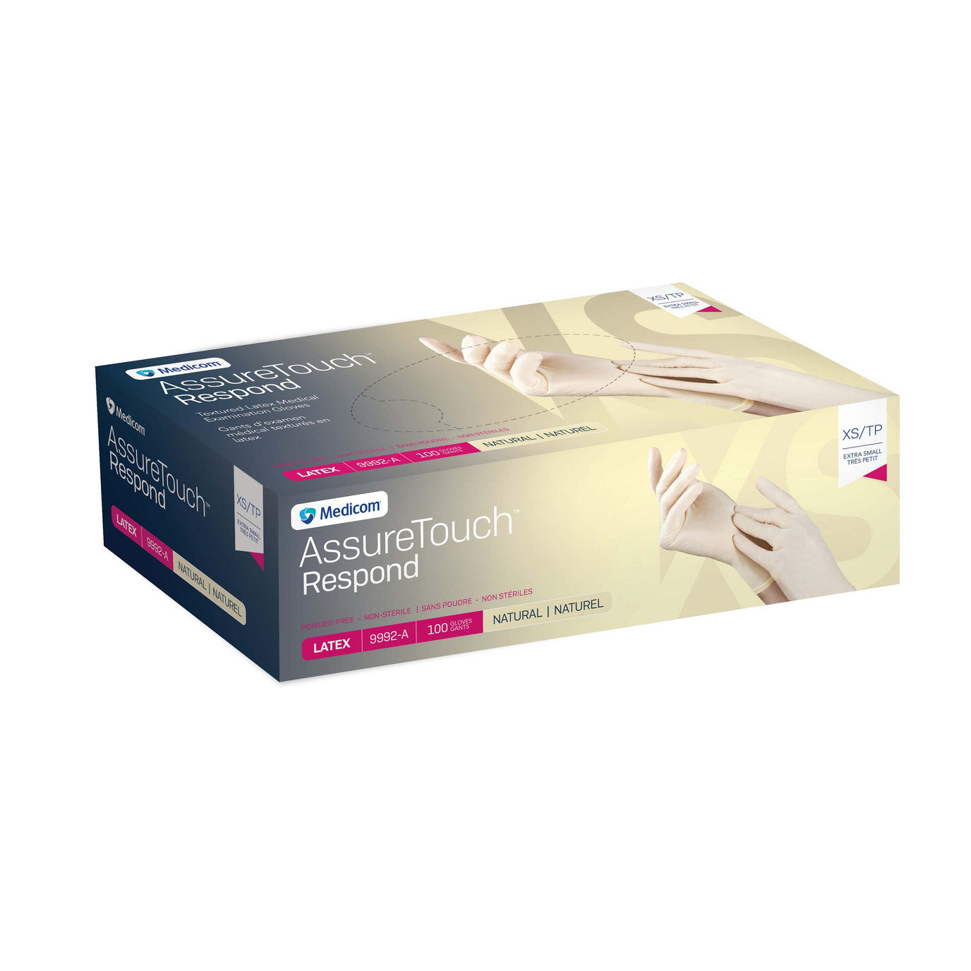 Glove Exam Latex AssureTouch Respond Non Sterile Powder Free Box of 100 Gloves, Cream, XS