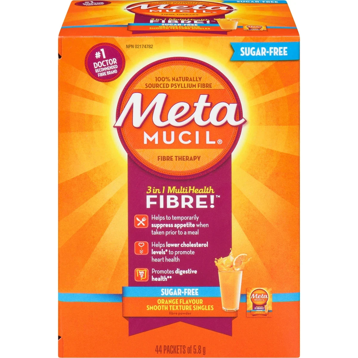 Metamucil 3 in 1 MultiHealth Fibre! Sugar-Free Fiber Suplement Powder Packets, Orange, 44 x 5.8 g front package