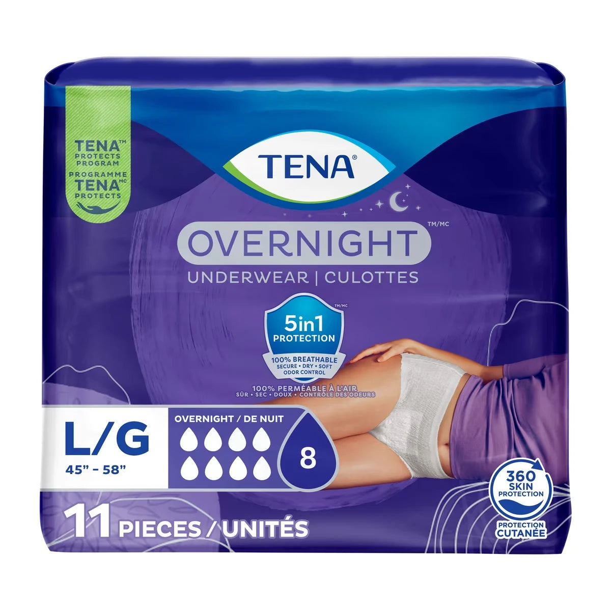 Tena Incontinence Underwear for Women, Bladder Leakage, Overnight Absorbency, Large, 11 Count product package