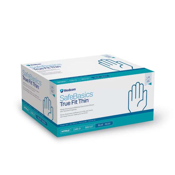 SafeBasics True Fit Thin Nitrile Exam Gloves, Powder-Free, Non-Sterile, Blue (Box of 300)