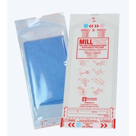 Sterilisation Pouch MillPack with Test Strip Box of 200 Pouchs 5.25 in x 10 in