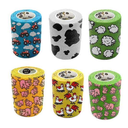 Cohesive Bandage Rapz Easy Tear 5 - M Roll 12 X 7.5 cm, Assorted Funny Farm, Box of 12 Rolls