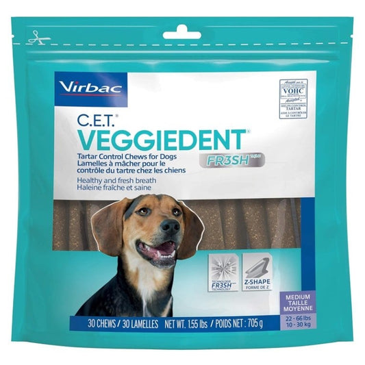 C.E.T.. VeggieDent FR3SH Chews for Dogs (Vegetarian) Bag of 30 Chews, Medium