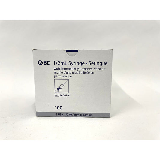 Syringe 0.5 mL with Permanently Attached Needle Box of 100 Syringes 27 g x 1 / 2 in