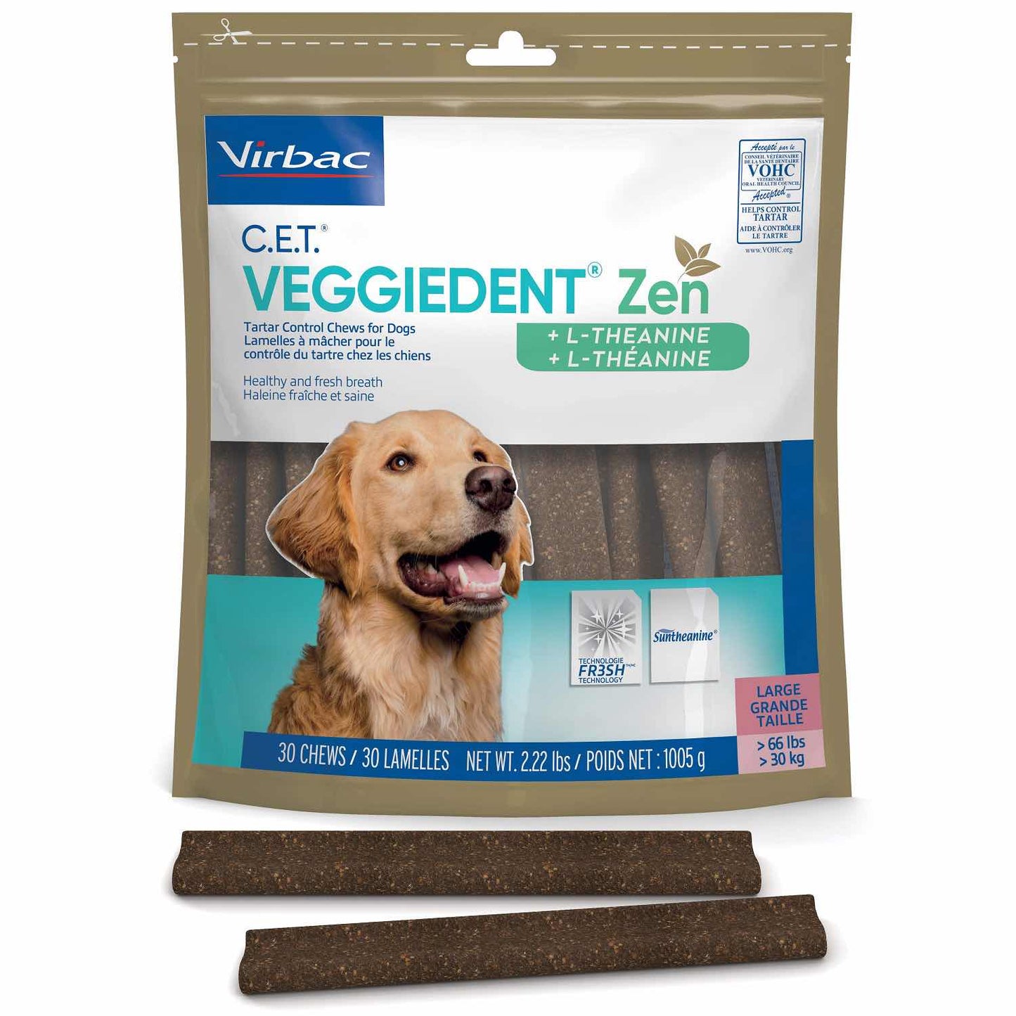 C.E.T.. VeggieDent ZEN Chews for Dogs (Vegetables) 1 Bag of 30 Soft Chews, Large, 1 Bag of 30 Chews