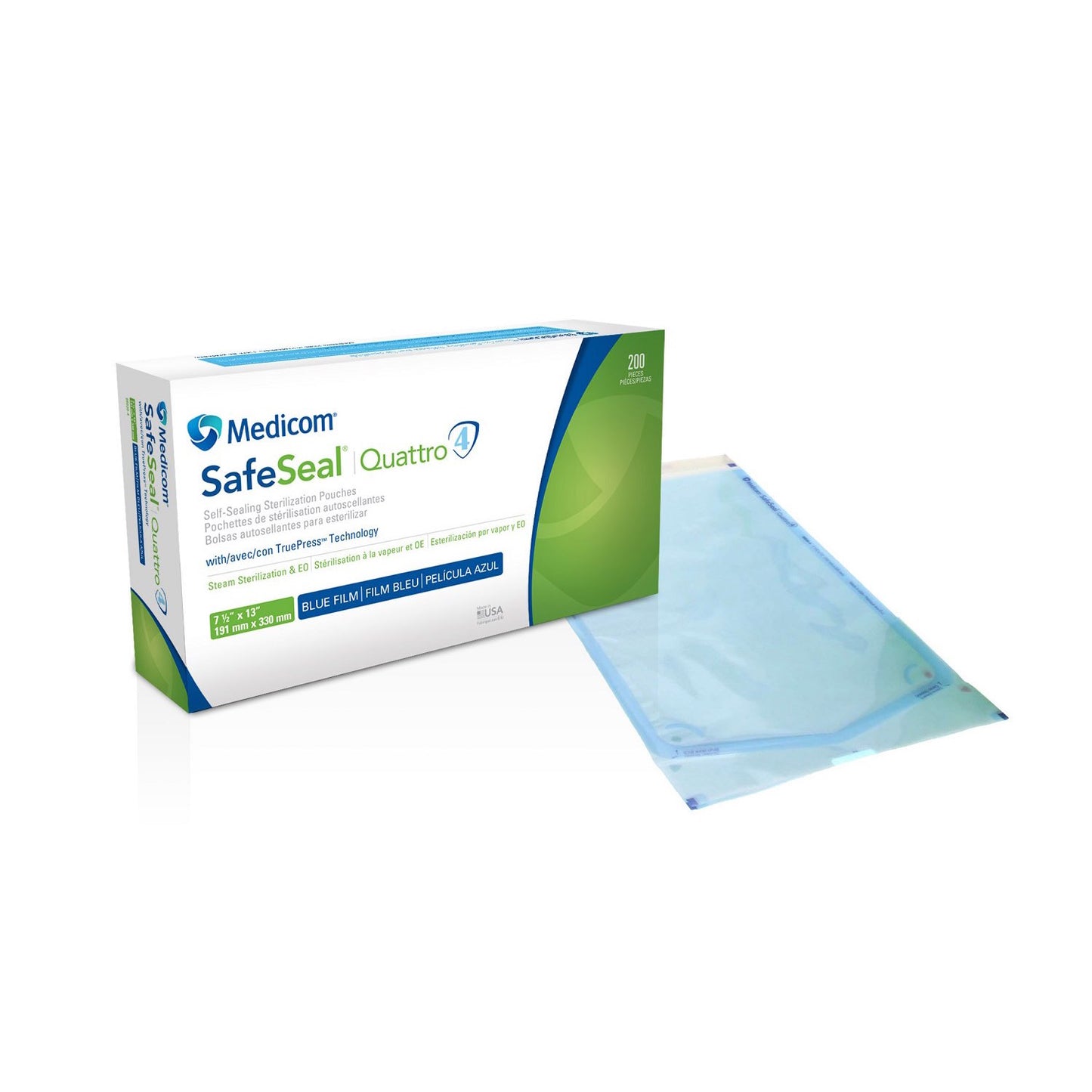 SafeSeal Quattro Self - Sealing Sterilization Pouches Pack of 200 Units 7.5 in x 13 in