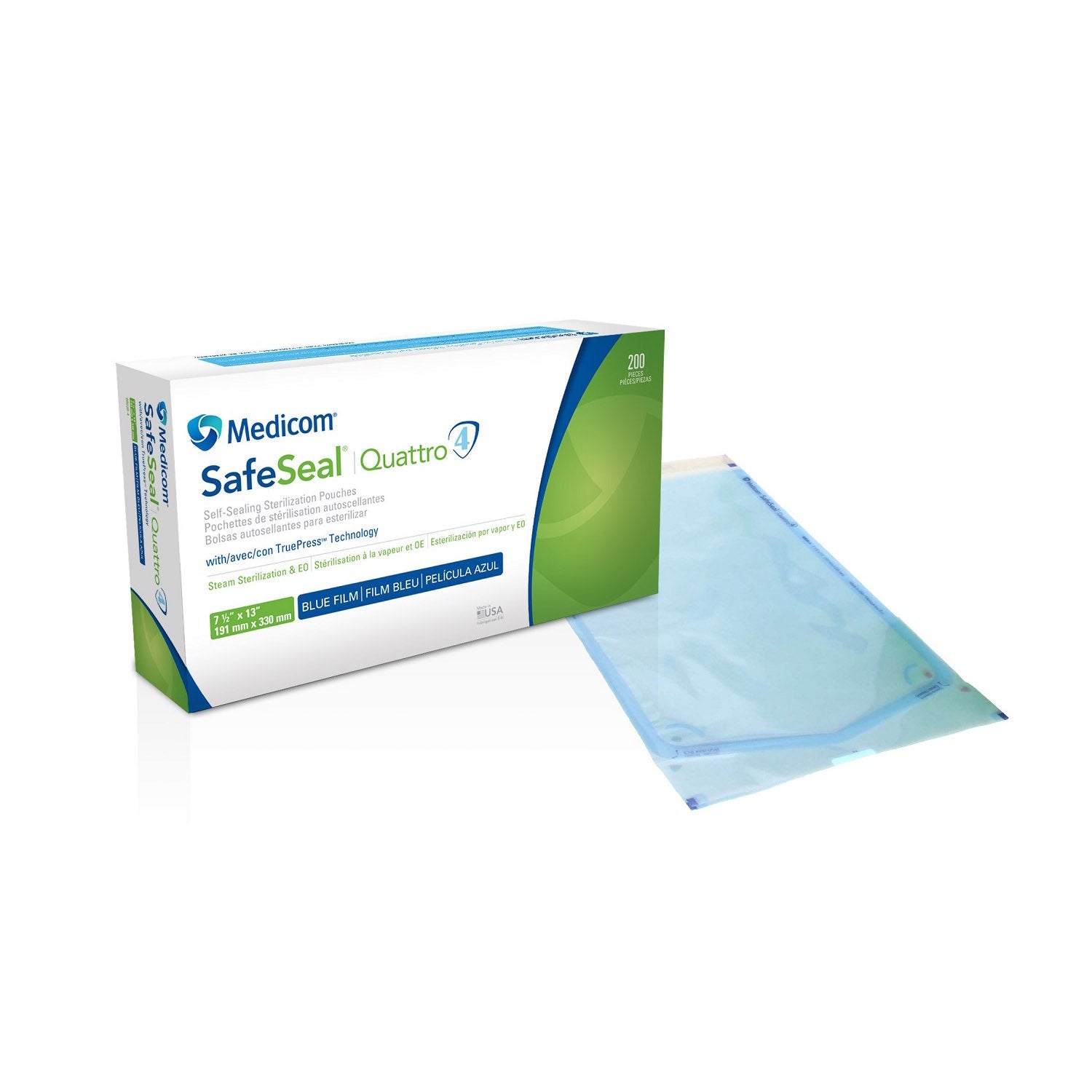 SafeSeal Quattro Self - Sealing Sterilization Pouches Pack of 200 Units 7.5 in x 13 in