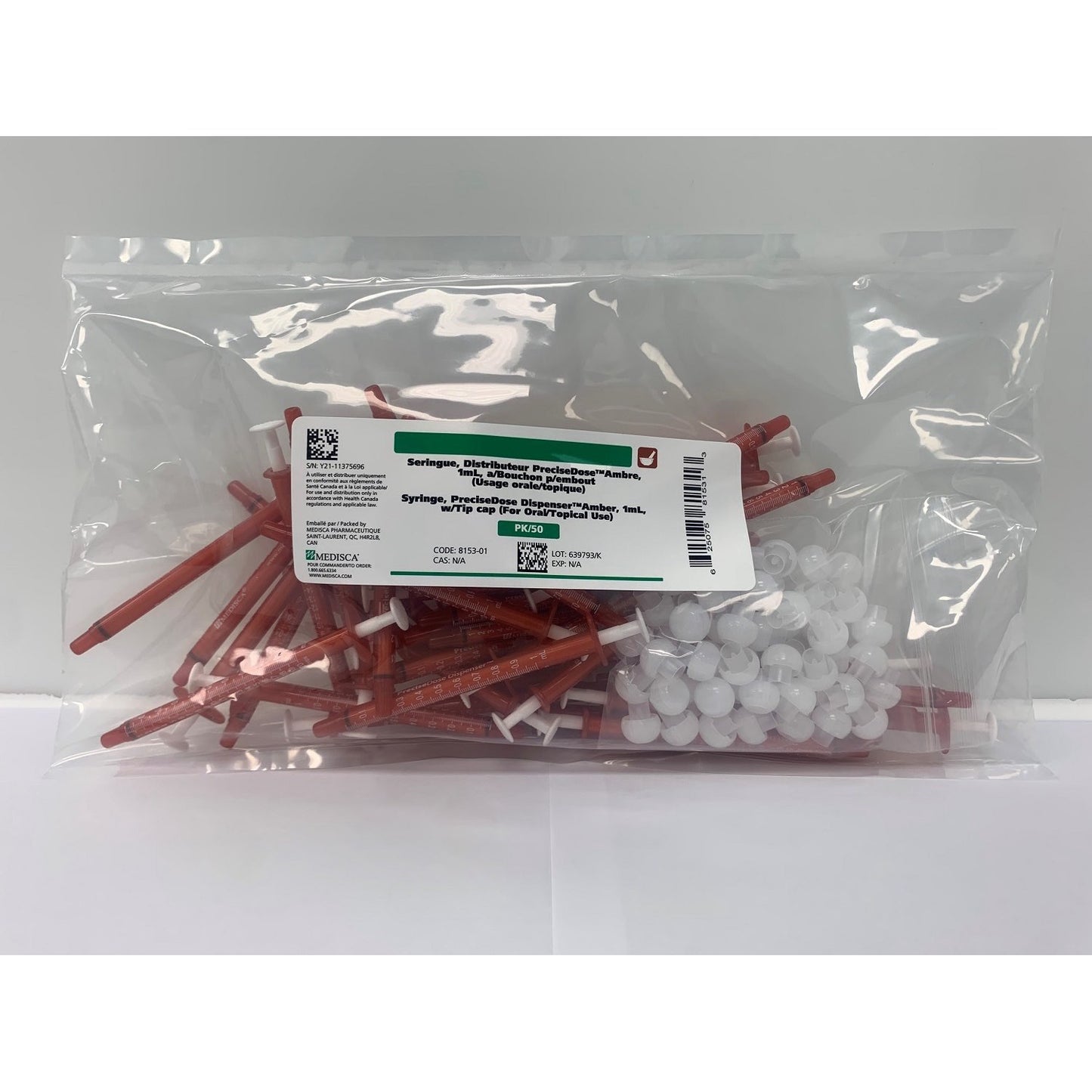 Syringe PreciseDose Dispenser with Cap Pack of 50, 1 mL, Amber, Box of 50 Syringes