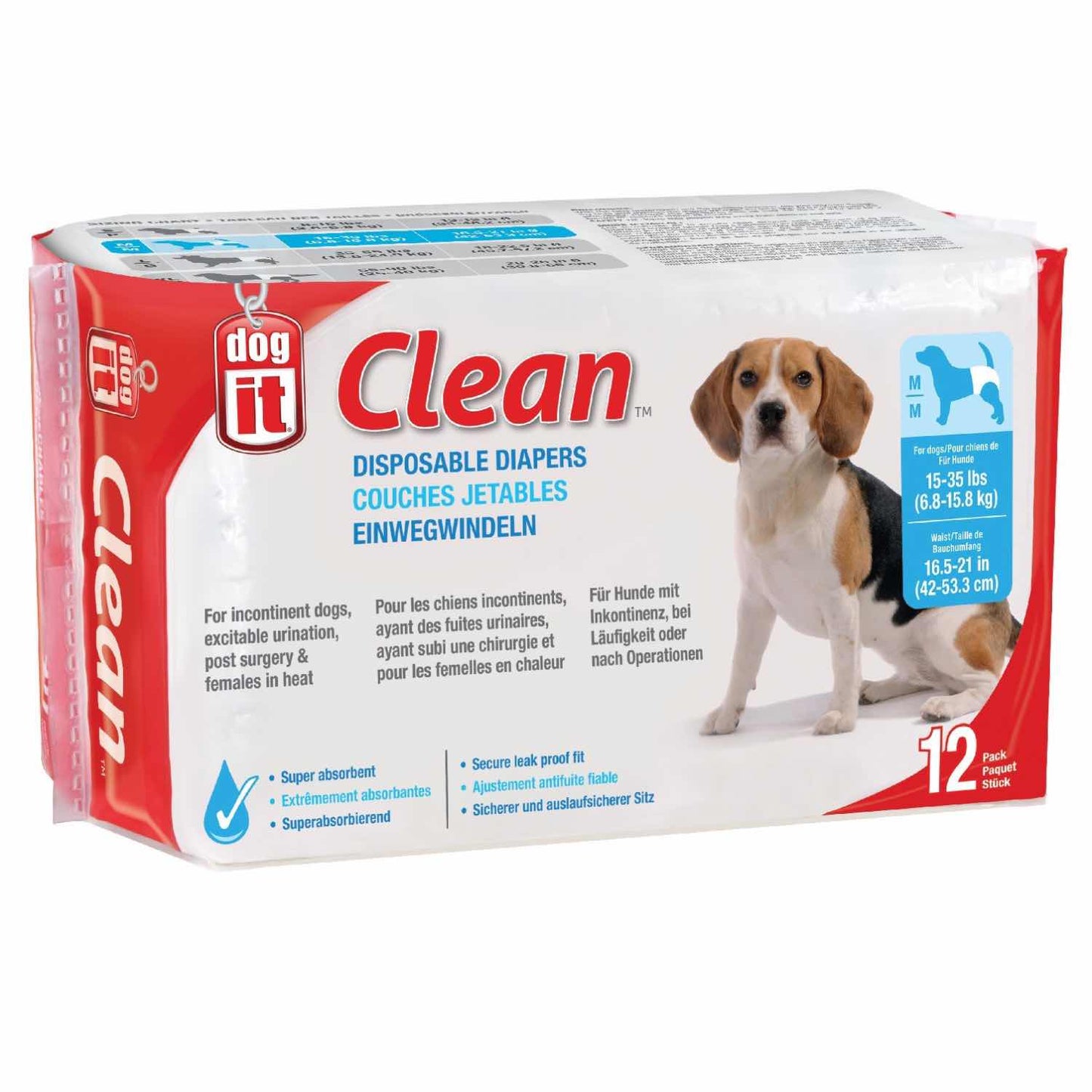 Clean Disposable Diapers for Dogs Bag of 12 Diapers, Super Absorbent, Medium