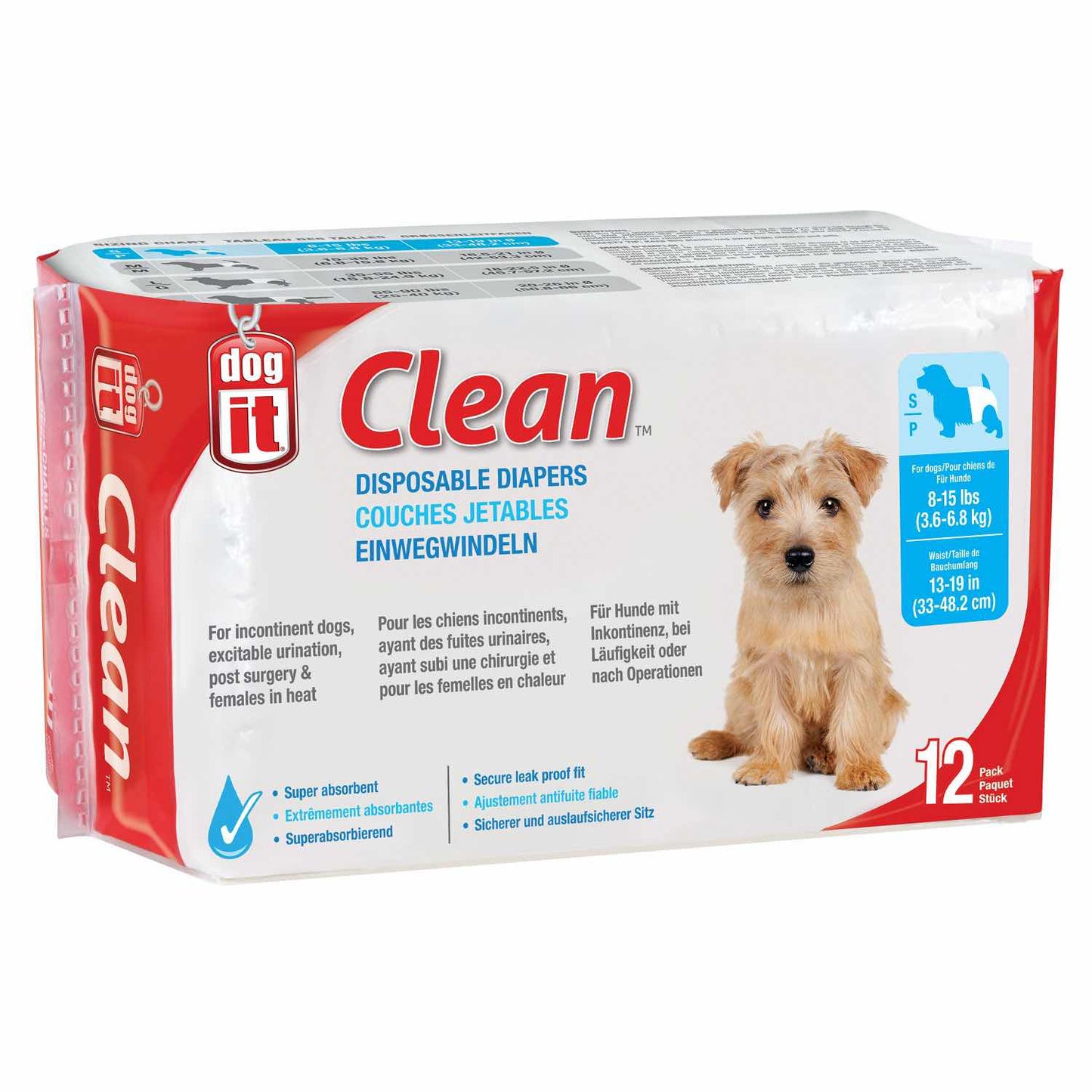 Clean Disposable Diapers for Dogs Bag of 12 Diapers, Super Absorbent, Small