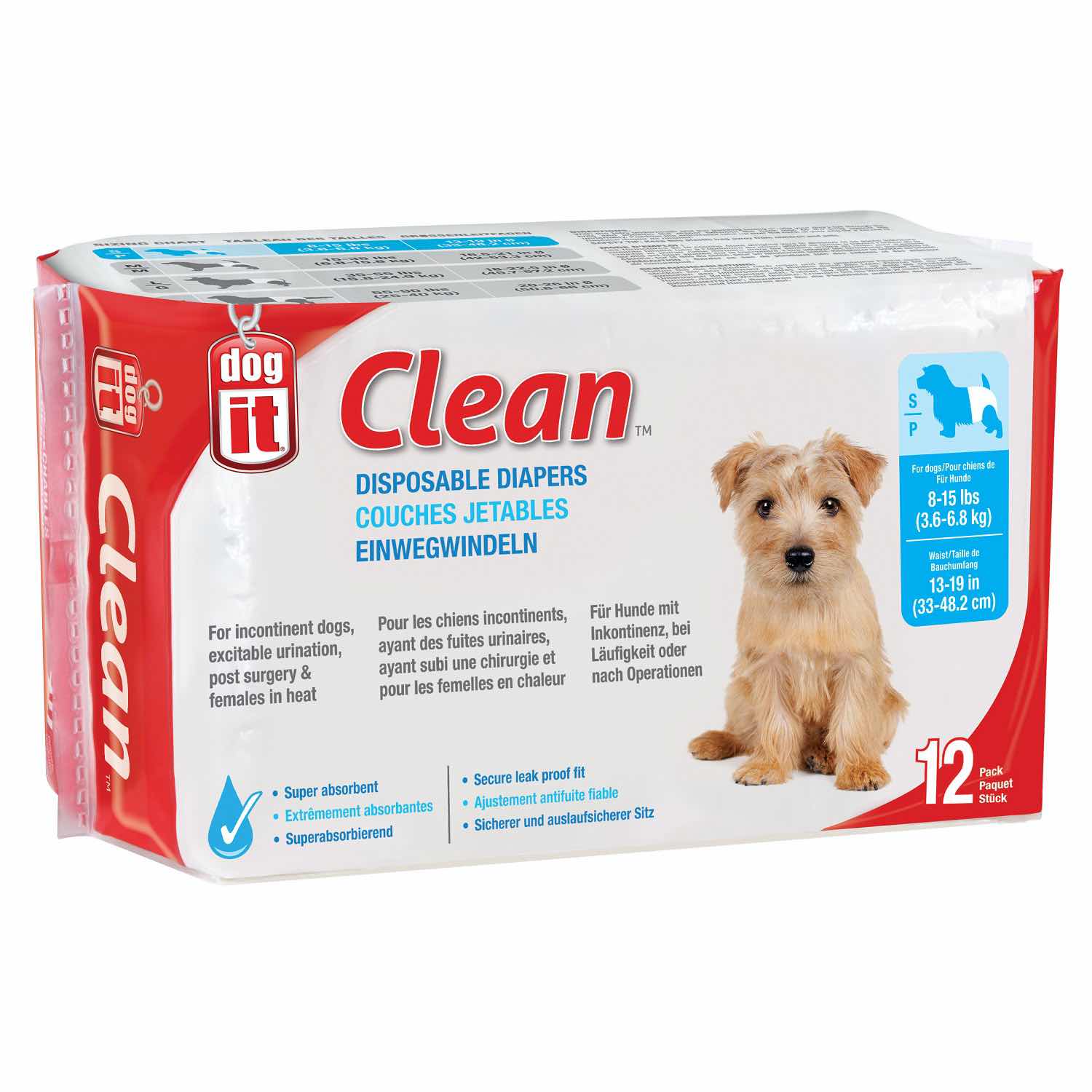 Clean Disposable Diapers for Dogs Bag of 12 Diapers, Super Absorbent, Small