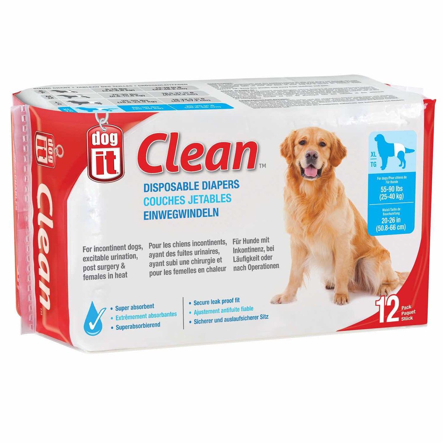 Clean Disposable Diapers for Dogs Bag of 12 Diapers, Super Absorbent, XL
