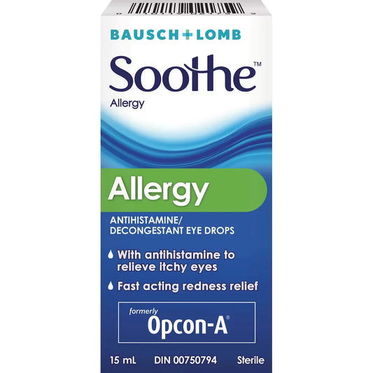 Soothe Allergy Antihistamine and Redness Relief Eye Drops Naphazoline hydrochloride 0.02675% w/v; pheniramine maleate front package
