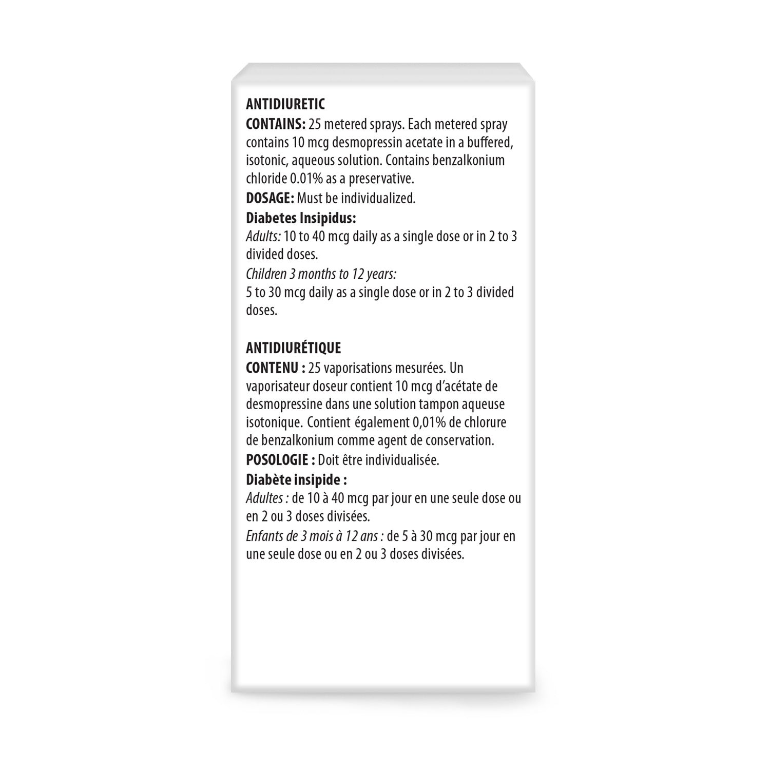 Desmopressin Nasal Spray 2.5 mL Bottle 10 Mcg