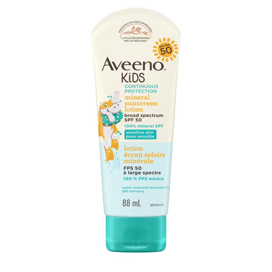 Aveeno Kids Continuous Protection Mineral Sunscreen Lotion with Broad Spectrum SPF 50 front package