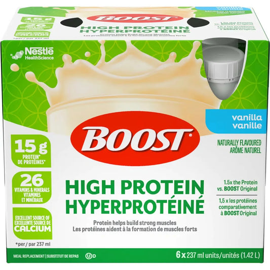 Boost High Protein Vanilla Meal Replacement Drink, 6 × 237 ml front package