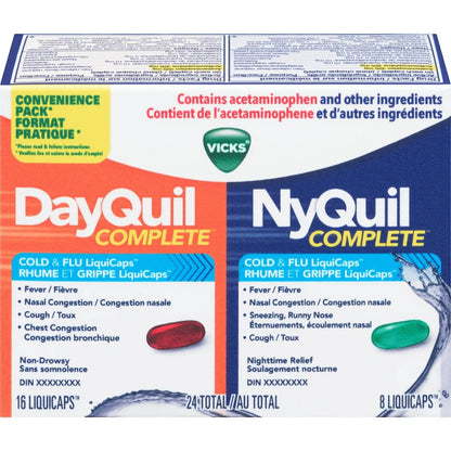 Vicks DayQuil and NyQuil COMPLETE Cough, Cold & Flu Relief, 24 LiquiCaps front package