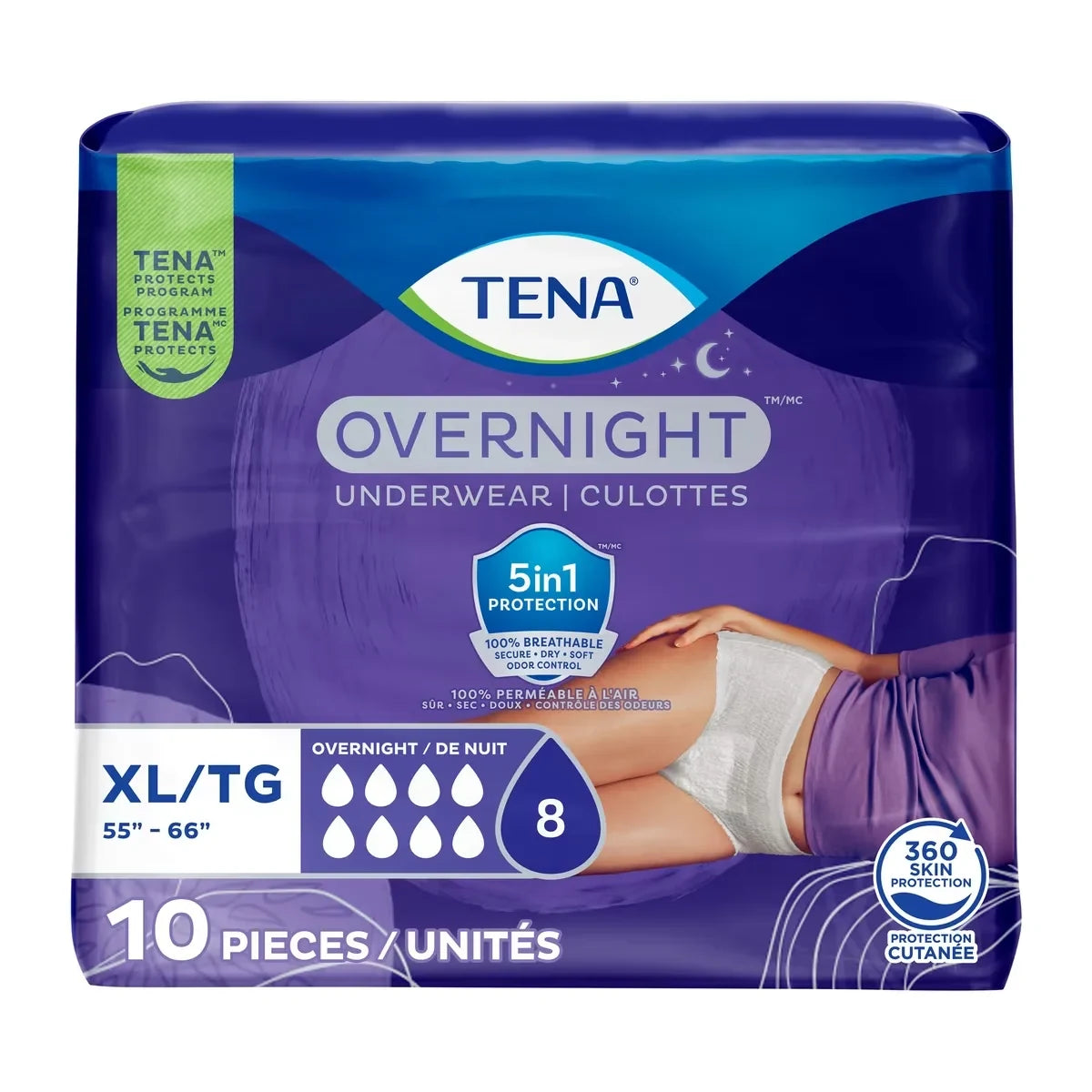 Tena Incontinence Underwear for Women, Bladder Leakage, Overnight Absorbency, Extra Large, 10 Count product package