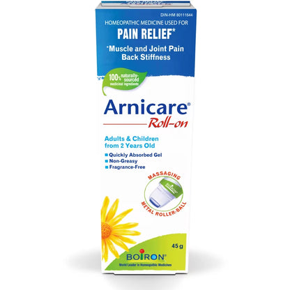 Boiron Arnicare Roll-on used for pain relief, muscle and joint pain, back stiffness front package