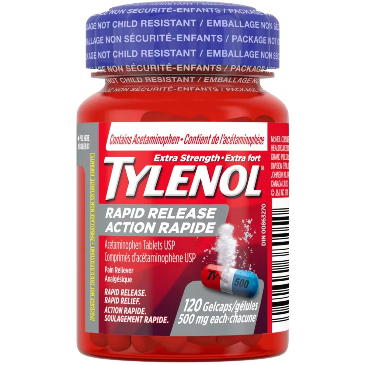 Tylenol Extra Strength Pain Relief Acetaminophen 500mg Rapid Release Gels, 120 Count front package