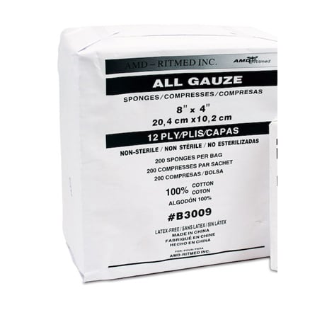 Gauze Sponge Woven Non Sterile 12 Ply for Farm Animals Pack of 200 Units 8 in x 4 in