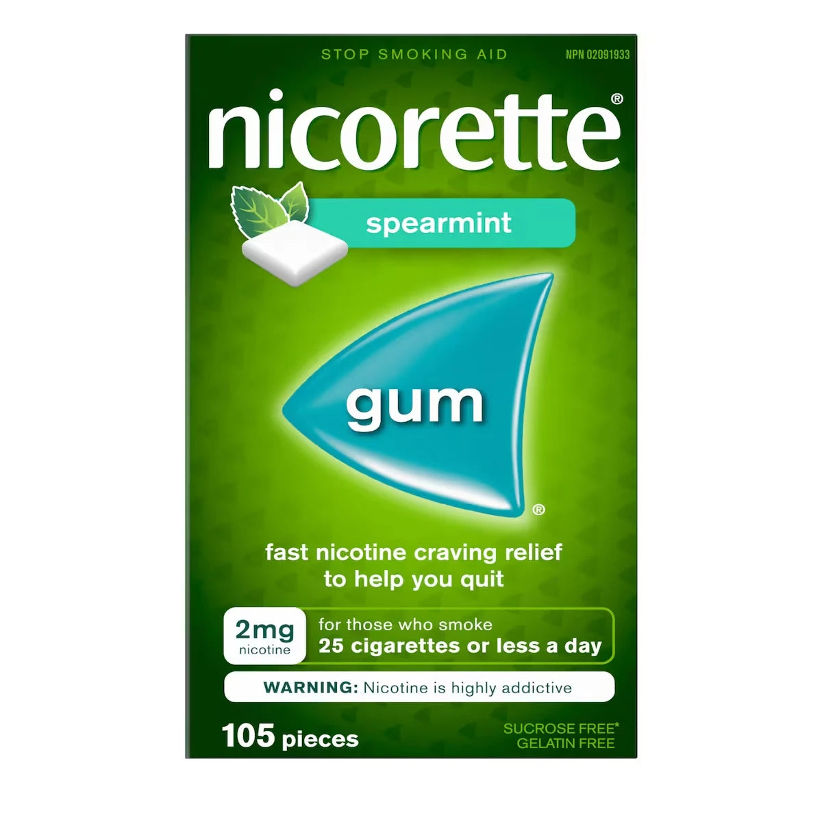 Nicorette Nicotine Gum, 2 mg, Spearmint front package
